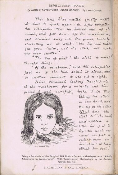 A replica page from "Alice's Adventures Under Ground", Carroll's original manuscript (being advertised as a special edition in 1894).