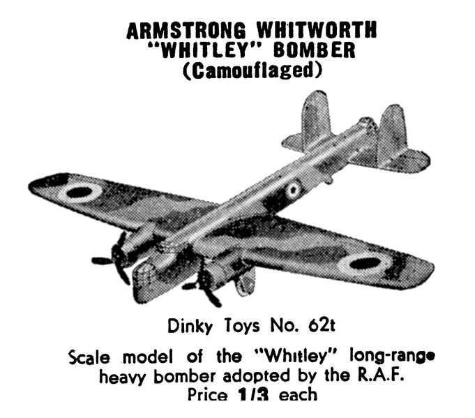 File:Armstrong Whitworth Whitley Bomber, camouflaged, Dinky Toys 62t (MM 1940-07).jpg