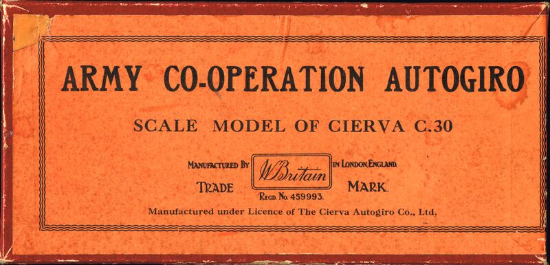 File:Army Cooperation Autogiro Cierva C30, box lid (Britains 1431).jpg