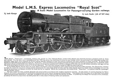 1937: Bassett-Lowke Garden Railway "Royal Scot locomotive, 1:8 scale, 7 1/4" gauge, 1.5 inch scale, 1937
