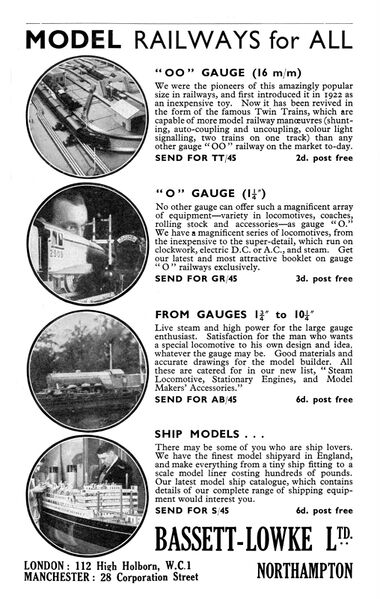 1939: "Model Railways for All" Bassett-Lowke advert, late 1939. This variant on their usual three-circles" now finally includes a fourth circle for Trix 00-gauge trains, now presented as a major B-L product range
