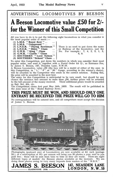 1933: "Locomotives by Beeson" prize competition, The Model Railway News