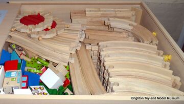 One of several boxes of wooden train sets, Museum play collection