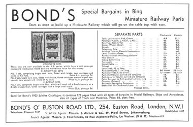 Bonds of Euston Road, sale of Bing Table Railway equipment in November 1935. This was presumably a clearance of old stock, rendered obsolete by the launch of Trix Express in spring 1935