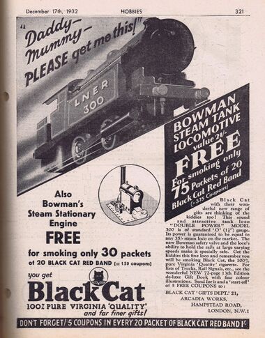 1932: Bowman model 300 locomotive and stationary steam engine, Black Cat cigarette coupon promotion