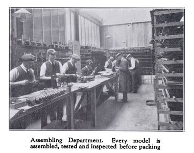 ~1931: "Assembly Department. Every model is assembled, tested and inspected before packing"
