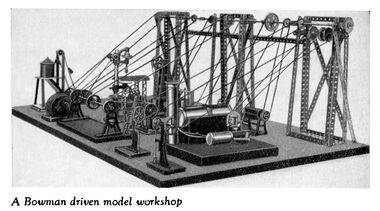 1931 publicity photo, a Bowman steam-powered model workshop incorporating a Bowman engine and "working models" with shafting supported by additional Meccano parts.