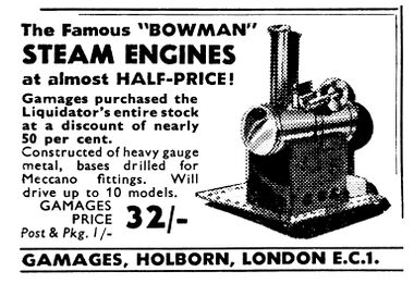 1950: Gamages advert clearing liquidated Bowman stock