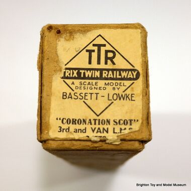 Box end label for a TTR Coronation Scot carriage, "A SCALE MODEL DESIGNED BY BASSETT-LOWKE"
