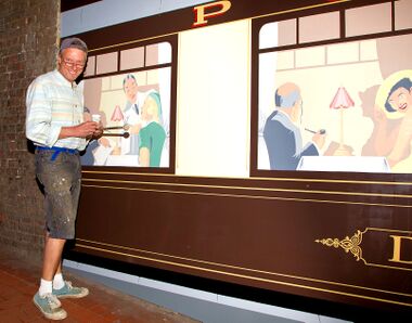Terry Smith putting the finishing touches to the Brighton Belle Mural, photo (c) Anthony Bianco
