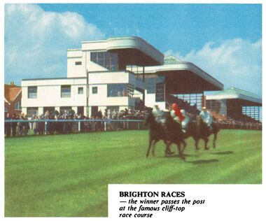 1935: "Brighton Races – the winner passes the post at the famous cliff-top race course"