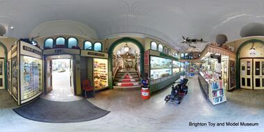 Museum lobby, 360-degree panoramic view. The main museum area is up the set of steps in the centre. Standard wheelchairs can be accommodated via a second entrance