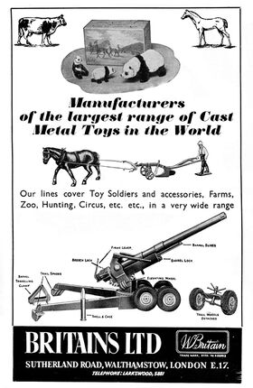 1956: Britains Ltd. trade advert mentioning the zoo, circus and farm ranges