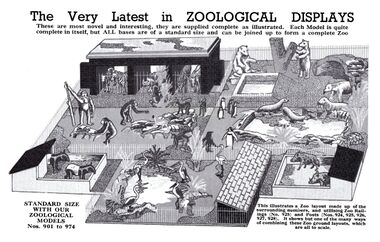 "The very latest in ZOOLOGICAL DISPLAYS", page from the 1940 catalogue, showing a number of Britains Zoo enclosures assembled to form a zoo display