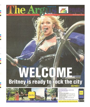 Front page of the Argus local newspaper, 4th August 2018, celebrating the day's Britney Spears concert in Preston Park