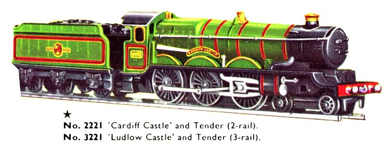 File:Cardiff Castle, Ludlow Castle locomotives, Hornby Dublo 2221 3221 (DubloCat 1963).jpg