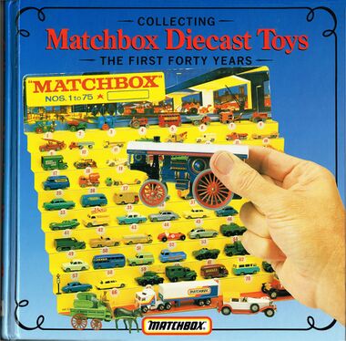 1989: Front cover of "Collecting Matchbox Diecast Toys, The First Forty Years" ISBN 0951088513, showing a "1-75" Matchbox dealer display stand