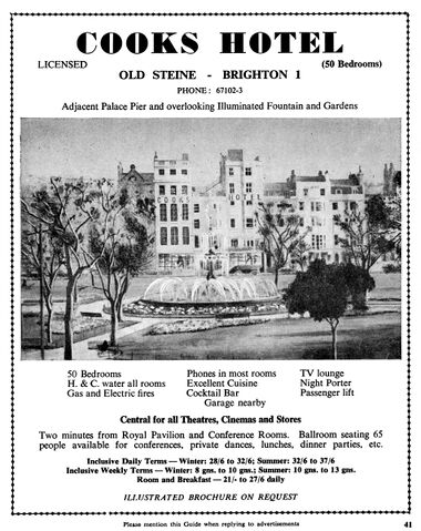 ~1961: Advert for Cooks Hotel, showing the Old Steine fountain