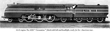 Coronation 6220 modified locomotive profile, showing US-regulation headlight and bell