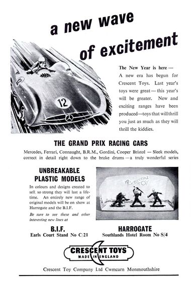 1956: Crescent Toys trade advert – Grand Prix racing cars, and "Unbreakable plastic models"
