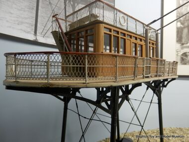 Museum model of Magnus Volk's "Daddy Long-Legs" seagoing electric railway between Brighton and Rottingdean (1896-1901)