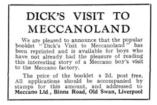 "Dick's Visit to Meccanoland", small-ad in Meccano Magazine advertising the reprint of the booklet (1929)