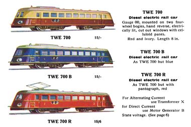 TWE 700 – Diesel-electric and pantograph electric railcars, in cream-and-red, blue, and red