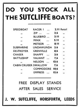 1939: Games and Toys trade advert, "Do you stock all the SUTCLIFFE boats?"
