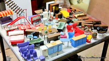Some 1960s dollhouse furniture being sorted and identified in the museum, the great majority made by Spot-On