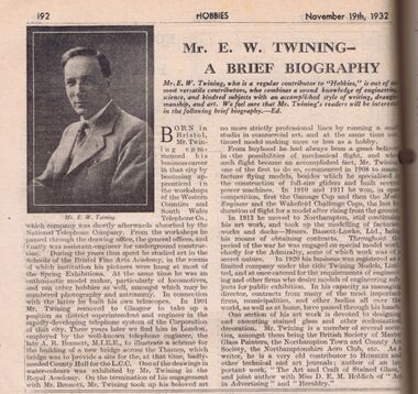 1932: "Mr. E.W. Twining: A Brief Biography", Hobbies Weekly