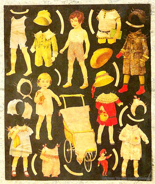 File:Early paper dolls cut-out sheet, black background, unidentified, 01.jpg