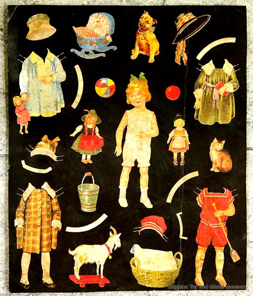 File:Early paper dolls cut-out sheet, black background, unidentified, 02.jpg