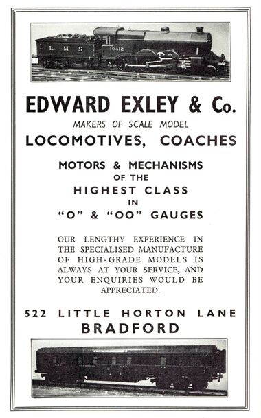 1939: Edward Exley & Co. advert, showing locomotive and twelve-wheeler carriage