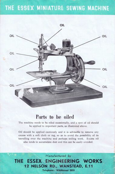 "Parts to be oiled", Essex Miniature Sewing Machine (Mk1)