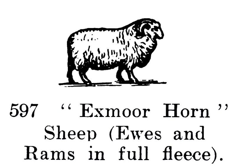 File:Exmoor Horn Sheep (Ewes and Ram in full fleece), Britains Farm 597 (BritCat 1940).jpg