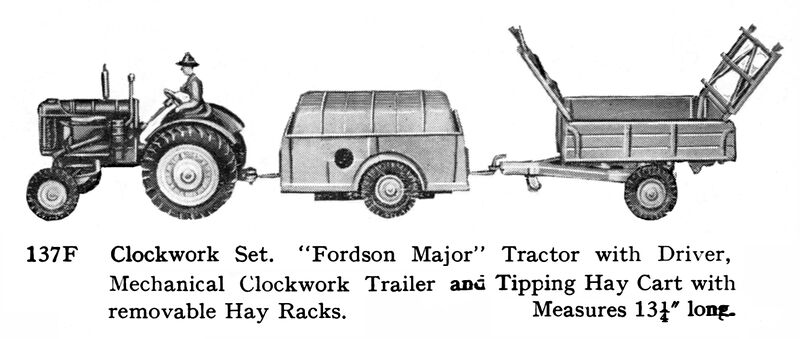 File:Fordson Major Tractor, with Driver, Mechanical Clockwork Trailer, and Tipping Hay Cart, Britains 137F (BritainsCat 1958).jpg