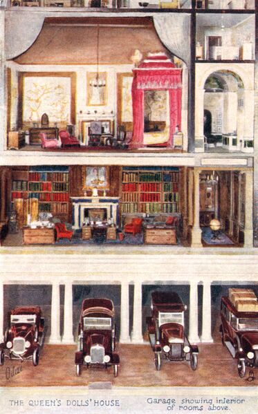 File:Garage showing interior of rooms above, The Queens Dolls House postcards (Raphael Tuck 4505-2).jpg