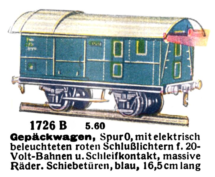 File:Gepäckwagen - Baggage Car with Lights, blue, Märklin 1726-B (MarklinCat 1939).jpg