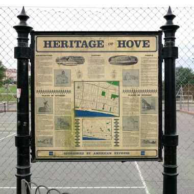 "Heritage of Hove", a slightly outdated Hove Council information board, presumably put up some time before 1997 (since it mentions the football grounds)