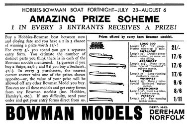 1932: Hobbies-Bowman Boat Fortnight, prize scheme