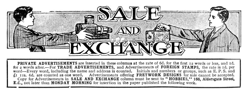 File:Hobbies Weekly, section artwork, Sale and Exchange (HW 1913-08-09).jpg