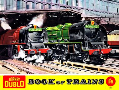 Front cover of the Hornby Dublo Book of Trains (1959), showing showing two Duchess Class locomotives, Duchess of Montrose 46232, and City of London 46245