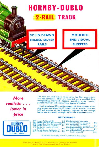 1960: Page promoting Hornby-Dublo two-rail – "More realistic ... lower in price"