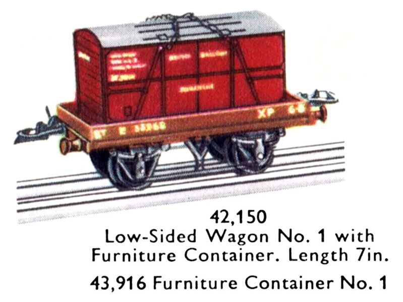 File:Hornby Low-Sided Wagon No1 (with Furniture Container 43,916) 42,150 (MCat 1956).jpg
