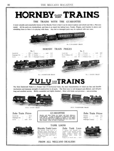 Hornby and Zulu Trains, Meccano Magazine 1924. By this time the Zulu Tank Loco (bottom right) was contradicting the "brand" statement that Zulu loco motors were non-reversing.