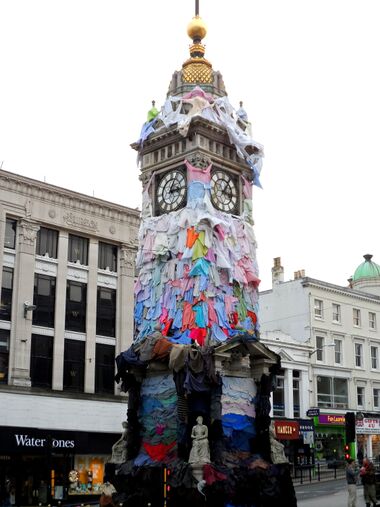 2013: The clock Tower clothed in second-hand shirts, for a Fabrica art installation, Kaarina Kaikkonen