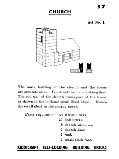 "Construction" card 37 of 48, showing how to build a model church (Kiddicraft)