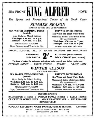 1961 advert for the King Alfred Sports and Recreational Centre