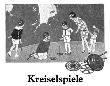 1932 graphic: Kreiselspiele. This was the image regularly used (in colour) as box artwork on Märklin's range of tops and spinners