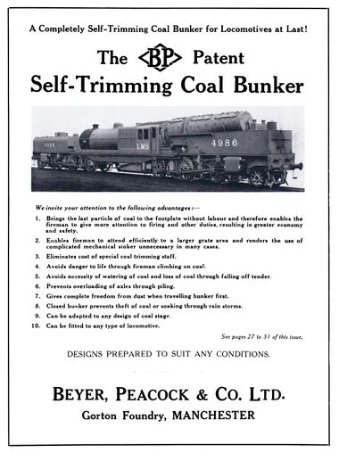 1931 advert: LMS 4986: The Beyer Peacock Patent Self-Trimming Coal Bunker